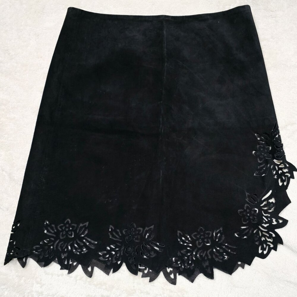 Parallel Genuine Suede Mini Skirt Floral Cut Hem Side Zip Black Size 8 Nwt — image 3 of 8